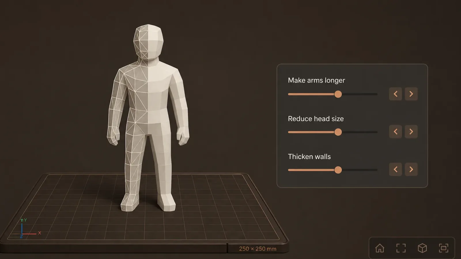 AI Model Editor tool visual with a matte low-poly printable mannequin, wireframe editing overlay, and parameter controls
