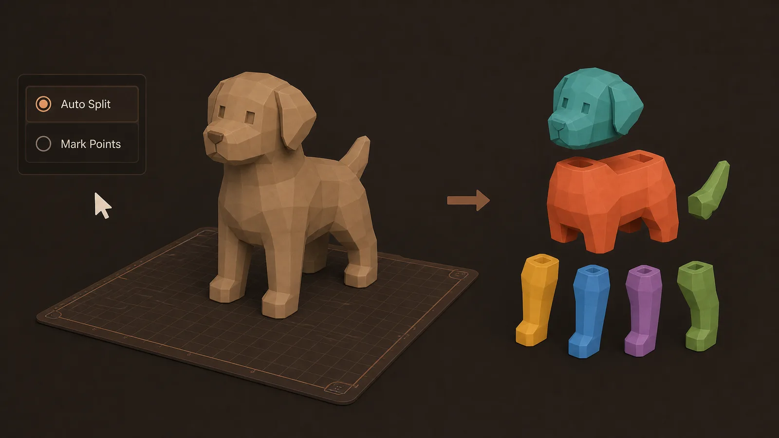 3D Model Segmentation tool visual with a simple low-poly printable dog and flat color-separated parts