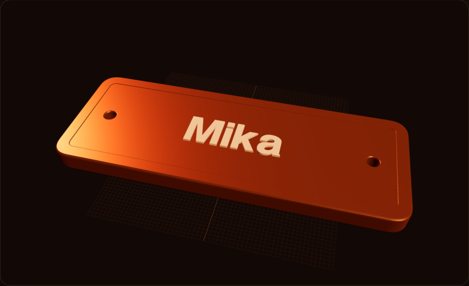Nameplate tool preview: a copper plate with raised text and screw holes